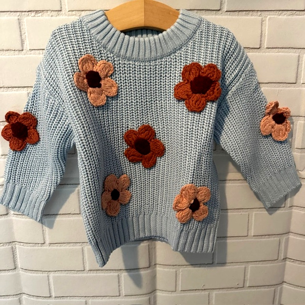 Toddler Girls 3T Blue Hand-Embroidered Petal & Pine Spring Sweater 100% Cotton